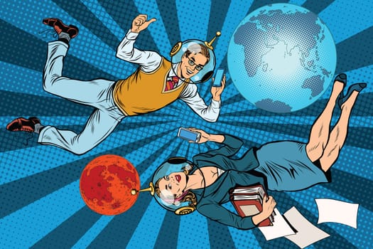 Businessman and businesswoman astronauts pop art retro vector. Man and woman at work. Mission to Mars