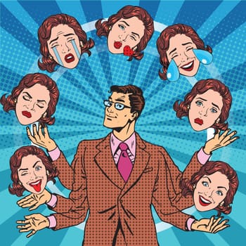 Retro man juggles the emotions of women pop art retro vector. Joy, sadness, tears, fun