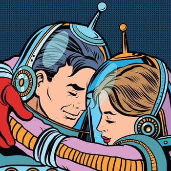 Retro love couple astronauts man woman pop art vector. Science fiction. Romance and love