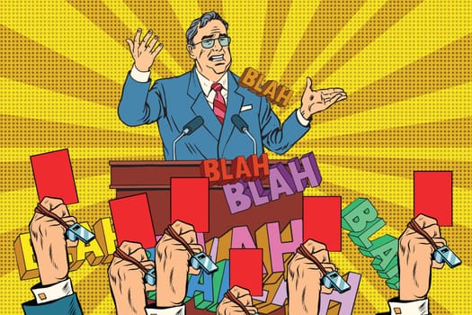 Distrust of politics, a red card candidate pop art retro vector. Elections and voter support