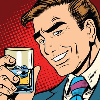 Toast cheers whisky with ice, elegant man pop art retro vector. a realistic drawing. Caucasian man a gentleman. Date, alcoholic beverage