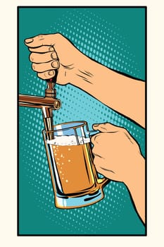 The bartender pours a glass of beer pop art retro vector. Pub and draught alcohol