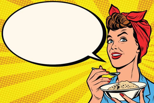 Woman with bowl of delicious cereal pop art retro vector. Mom cooks in the morning