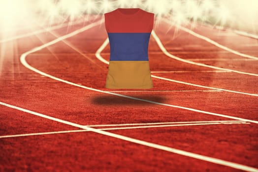 red running track with lines and Armenia flag on shirt