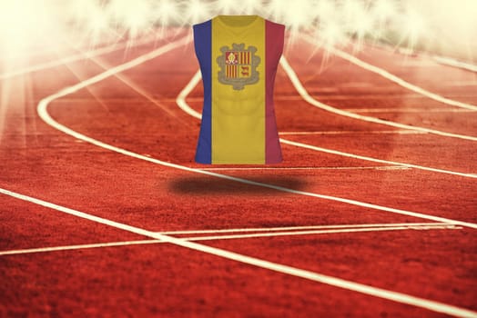 red running track with lines and Andorra flag on shirt
