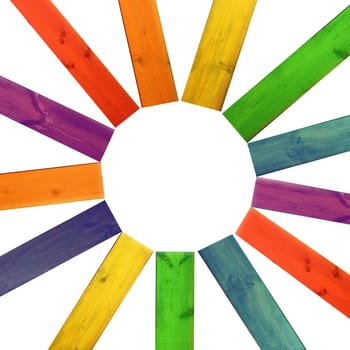 multicolored bright wooden boards like beams with empty round white centre