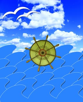 illustration of marine waves with steering-wheel and sun beams
