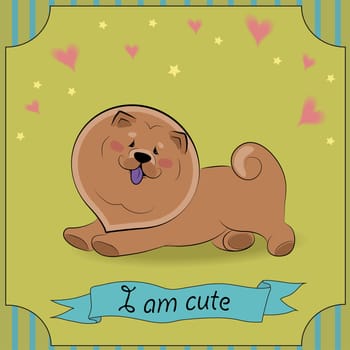 Brown dog Chow-chow. I am cute Inscription. Vintage card. Stars and hearts witj yellow background. Striped frame. Cartoon puppy.  Illustration.