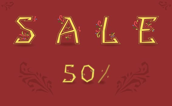Inscription Sale. Fifty percents. Graceful font. Delicate letters with floral pattern. Yellow symbols with red background.  Illustration