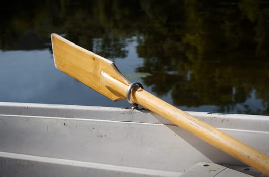 horizontal perspective view of a recreational boat on a lake with oars up
