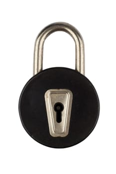 Front view of a vintage black padlock with round shape isolated on white background