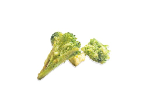 Healthy broccoli chips isolated on white background, stock photo