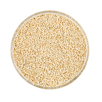 Bowl of white quinoa isolated on a white background.