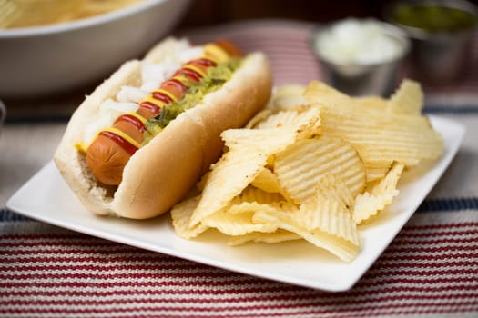 Veggie hot dog topped with mustard, ketchup, onions and relish, served with potato crisps (chips).