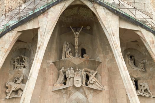 Details of Facade of Sagrada Familia in Barcelona, Spain. Basilica Still Under Construction, the Masterpiece of Architect Antoni Gaudi.