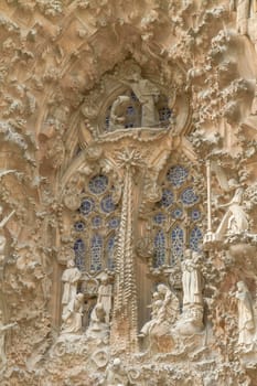 Details of Facade of Sagrada Familia in Barcelona, Spain. Basilica Still Under Construction, the Masterpiece of Architect Antoni Gaudi.