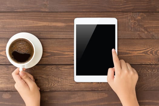 female touch on white tablet blank screen on top view