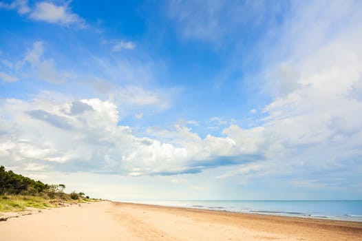 View of beach, vegetation, sea and sky with clouds