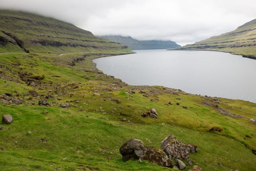 Typical landscape on the Faroe Islands, with Funningsfjordur the fjord on eysturoy