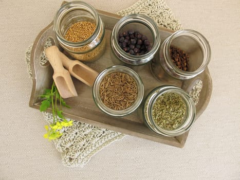 Dried herbs and spices in jars