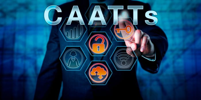 Male state regulator or corporate auditor is touching CAATTs on an interactive virtual control monitor. Business risk metaphor and IT concept for Computer-Assisted Audit Tools and Techniques.