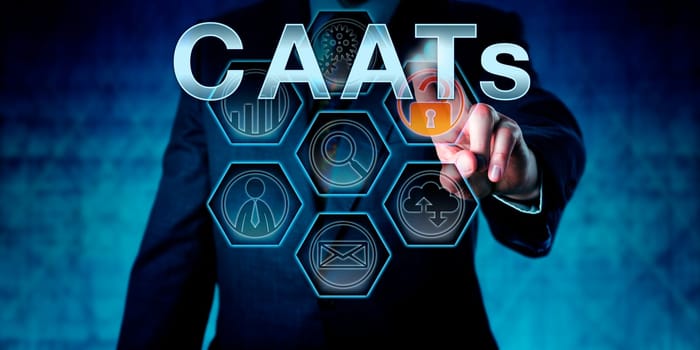 Male corporate auditor is pressing CAATs on an interactive touch screen display. business challenge and security concept for Computer-Assisted Audit Techniques and information technology audit.