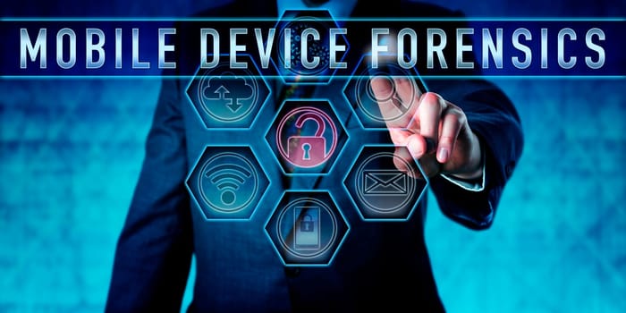 Examiner pressing MOBILE DEVICE FORENSICS on an interactive touch screen. Information technology metaphor and law enforcement concept for a form of digital forensics focused on mobile devices.