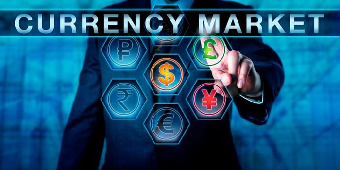 Manager is pushing CURRENCY MARKET on an interactive touch screen interface. Monetary metaphor for the interbank market, carry trade, forex and foreign exchange market. Close up torso shot of trader.