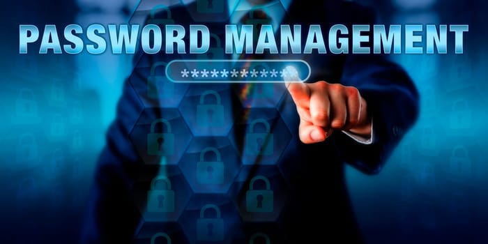 Corporate administrator is touching PASSWORD MANAGEMENT on an interactive virtual screen. Information technology concept for access control via organized management of user authentication.