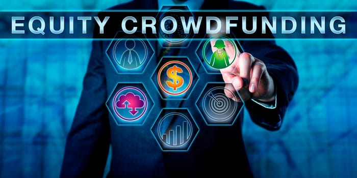 Male broker-dealer is pressing EQUITY CROWDFUNDING on an interactive touch screen. Business concept for the practice of offering private company securities via the internet to attract investment.