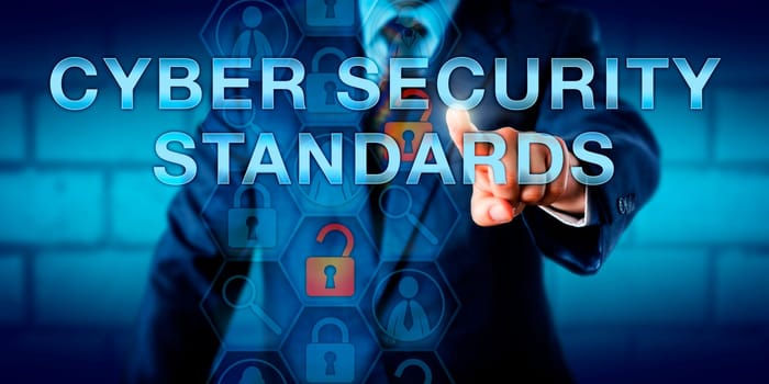 Investigator pushing CYBER SECURITY STANDARDS on an interactive virtual touch screen. Business metaphor and information technology concept for IT security techniques protecting the cyber environment.