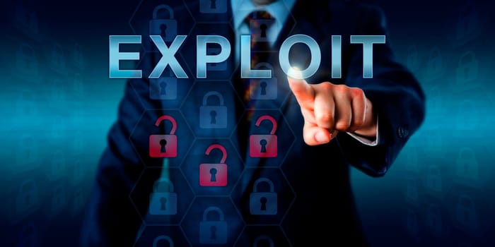 Network administrator touching EXPLOIT on an interactive screen. Business metaphor and information technology concept for software or commands taking advantage of program flaws and security holes.