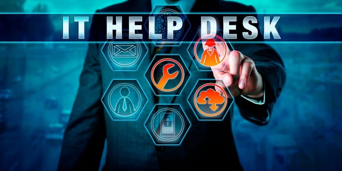 Manager is pressing IT HELP DESK on an interactive touch screen. Information technology concept. Metaphor for customer experience management. Highway and industrial backyard in the background.