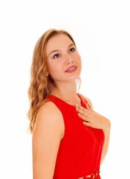 A portrait of a beautiful young woman standing in a red dress, looking away,.isolated for white background..