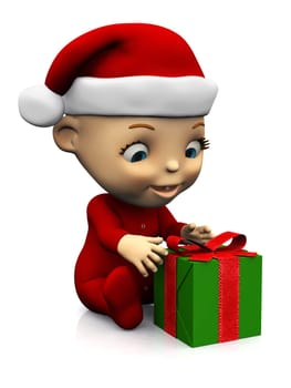 An adorable cute cartoon baby wearing a Santa hat and sitting on the floor with a Christmas present in front of it. White background.