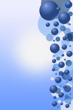 Blue ball abstract background. Vertically. Balls and the circles are on the right side of illustration. In the middle is a bright spot suitable for inscription.