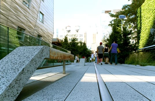 High Line. Elevated pedestrian Park and former elevated New York Central Railroad spur called the West Side Line, which runs along the lower west side of Manhattan  it has been redesigned and planted as an aerial greenway. New York City.