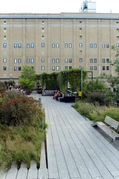High Line. Elevated pedestrian Park and former elevated New York Central Railroad spur called the West Side Line, which runs along the lower west side of Manhattan  it has been redesigned and planted as an aerial greenway. New York City.