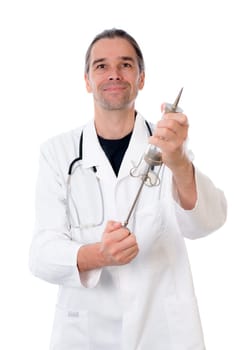 funny doctor with a big injection in white lab coat