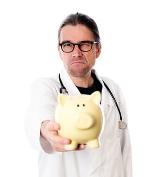 angry doctor with piggy bank in white lab coat