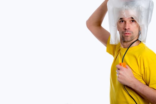 crazy white man man with hair dryer