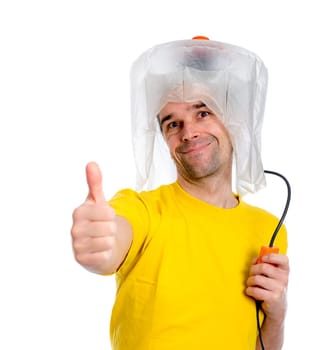 crazy white man man with hair dryer