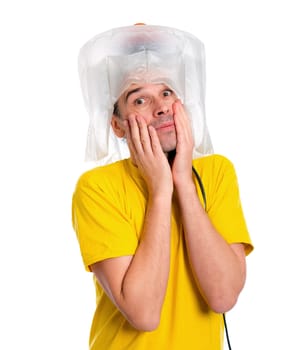 crazy white man man with hair dryer