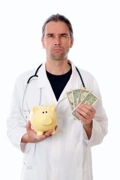 friendly doctor with piggy bank in white lab coat