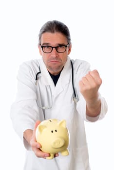 angry doctor with piggy bank in white lab coat