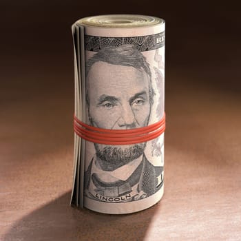 Money roll with elastic gagging the mouth of Abraham Lincoln.
