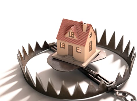 Bear trap with a house inside. Concept of mortgage, pledge and property financing..