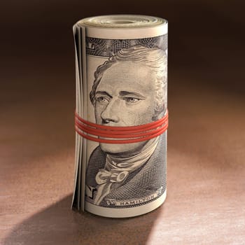 Money roll with elastic gagging the mouth of Alexander Hamilton.