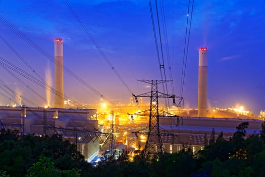 coal power station and night blue sky in hong kong