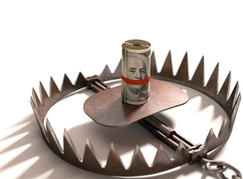 Roll of US $100 with the face of Franklin gagged on a bear trap.